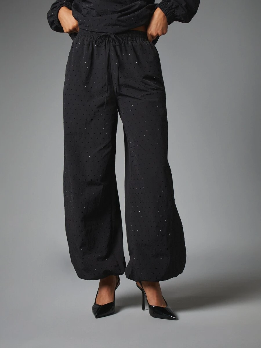 MISSGUIDED Wide Leg Casual Pants With Rhinestone Embellishment Elastic Drawstring Waist Side Pockets Full Length Party Evening Holiday - Black - View 1
