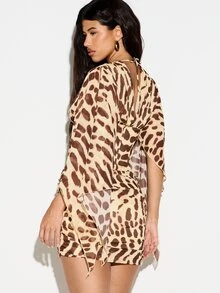 KIZN Leopard Print Mini Dress With Corset Bodice Split Sleeve Overlay V-Neck Ruched Side Party Night Out Summer - Multicolor - View 3