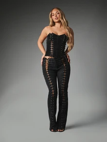 MISSGUIDED Lace-Up Flared Suede Pants With Metal Eyelets High Rise Bootcut Leg Style Festival Party Night Out Full Length Trousers Halloween - Black - View 3
