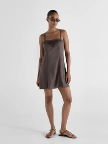 KSTM Linen Mini Slip Dress With Square Neck Crochet Insert Lace Trim Detail And Spaghetti Straps Summer Holiday Beach Dress - Dark Grey - View 3