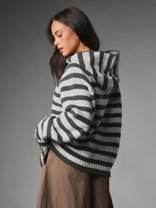 MISSGUIDED Oversized Striped Knit Zip-Up Hoodie With Full Zip Closure And Ribbed Hem Cozy Winter Essential Layering Piece - Grey - View 3