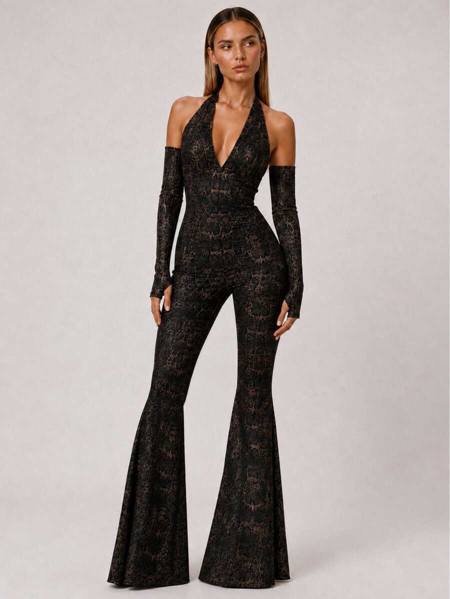 Zerodot Women Black Snakeskin Print Deep V-Neck Jumpsuit Casual Daily Spring Fall - Brown - View 1