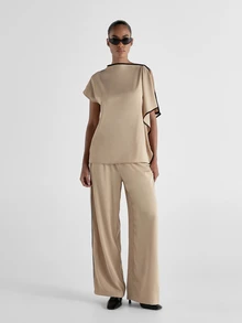 KSTM Asymmetric Cape Ruffle Blouse With Contrast Black Piping Trim Boat Neck Cold Shoulder Satin Finish Top - Camel - View 3