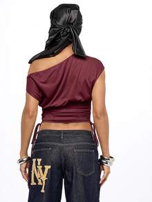 SUMWON WOMEN NYC Varsity Graphic Crop Top With One Shoulder Neckline Ruched Drawstring Hem And Mesh Fabric Festival Party Summer Look - Burgundy - View 2