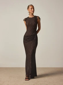 AiiRZ Chocolate Lace Mermaid Maxi Gown With Ruffle Cap Sleeves Ruched Waist And Flared Hem For Evening Wedding Guest Formal Occasions - Coffee - View 1