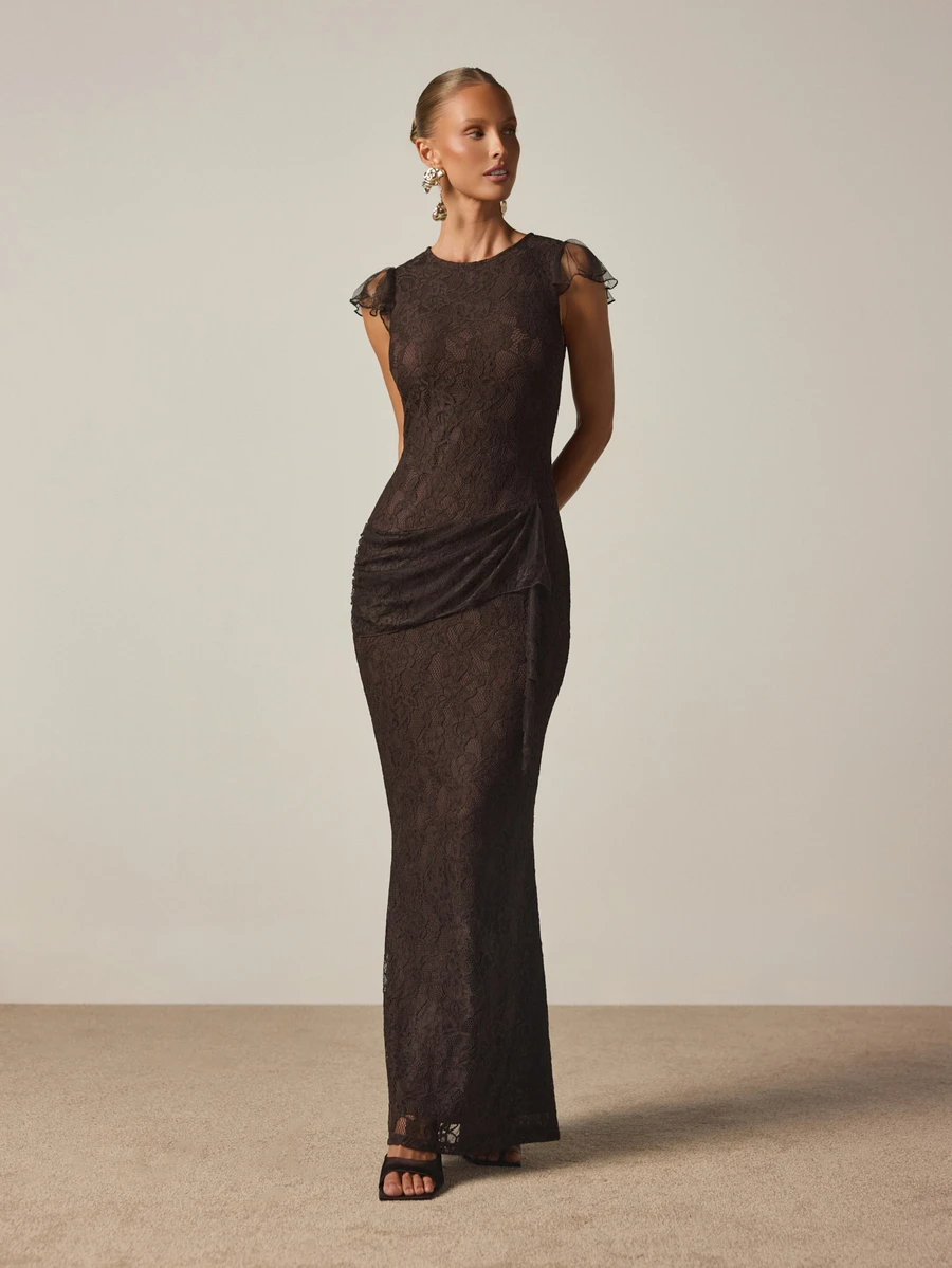 AiiRZ Chocolate Lace Mermaid Maxi Gown With Ruffle Cap Sleeves Ruched Waist And Flared Hem For Evening Wedding Guest Formal Occasions - Coffee - View 1