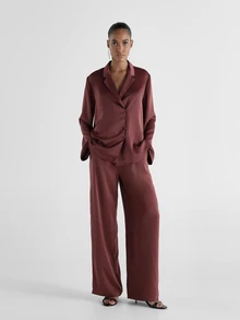 KSTM Satin Oversized Button-Down Shirt With Notched Collar And Long Sleeves Luxe Pajama Style Blouse For Evening And Holiday Occasions - Redwood - View 3