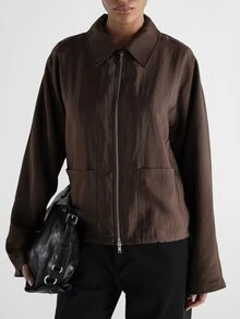 KSTM Oversized Satin Finish Zip-Up Harrington Jacket With Patch Pockets And Stand Collar For Fall Winter Transitional Season - Brown - View 5