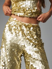 MISSGUIDED Oversized Wide Leg Sequin Pants With Drawstring Waist Large Disc Paillette Embellished Full Length Party Festive Occasion Trousers - Gold - View 3