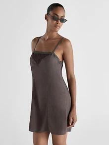 KSTM Linen Mini Slip Dress With Square Neck Crochet Insert Lace Trim Detail And Spaghetti Straps Summer Holiday Beach Dress - Dark Grey - View 4