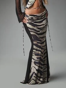 MISSGUIDED Zebra Print Maxi Skirt Low Rise Ruched Waist Mesh Panel Flared Hem Festival Summer Party Long Skirt - Black and White - View 1