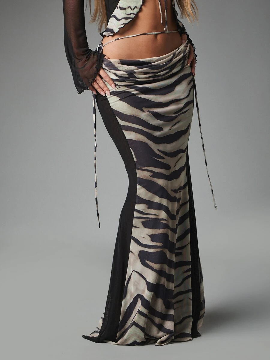 MISSGUIDED Zebra Print Maxi Skirt Low Rise Ruched Waist Mesh Panel Flared Hem Festival Summer Party Long Skirt - Black and White - View 1