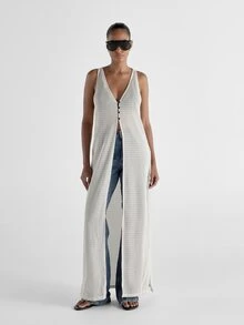 KSTM Open Front Maxi Knit Vest Duster With Deep Plunge V-Neck Button Detail Open Weave Texture Summer Beach Cover-Up Vacation Outfits Women - Apricot - View 1