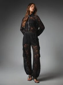 MISSGUIDED Floral Lace Cropped Bomber Jacket With Full Zip Closure Stand Collar And Sheer Long Balloon Sleeves For Evening And Party Season - Black - View 3