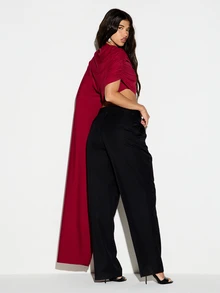 KIZN Draped Cowl Neck Crop Top With Cape Detail Ruched Short Sleeve Asymmetric Party Evening Holiday Blouse - Burgundy - View 3