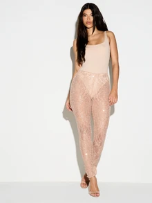 KIZN Sheer Floral Lace Sequin Leggings High Rise Skinny Leg Full Length Ankle Split Party Night Out Holiday Pants - Apricot - View 5