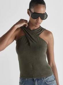 KSTM Atasan Crop Tanpa Lengan Model Halter Neck Silang dengan Detail Kerut, Potongan Slim Fit, Cocok untuk Musim Panas dan Acara Malam Hari - Hijau - View 4