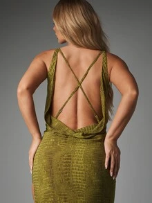 MISSGUIDED Cowl Neck Crocodile Print Dress With Cross Back Straps And Side Split Sleeveless Bodycon Evening Gown Party - Multicolor - View 4