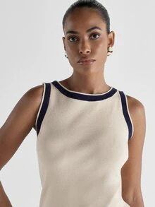 KSTM Contrast Trim Ribbed Knit Tank Top Sleeveless Crew Neck Navy Tipping Detail Summer Casual Fitted Sweater Vest - Apricot - View 4