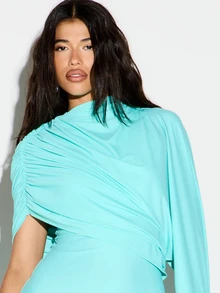 KIZN Cape Overlay Mini Dress With High Neck Ruched Short Sleeve Bodycon Silhouette Flowing Train Party Evening Summer Event - Mint Green - View 2