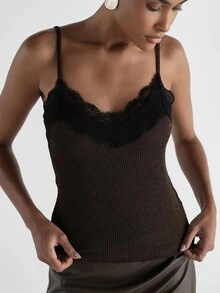 KSTM Ribbed Knit Lace Trim Cami Top Spaghetti Strap V-Neck Sleeveless Form Fitting Dark Chocolate Camisole Fall Winter Style - Multicolor - View 1
