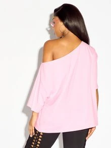 SUMWON WOMEN Oversized Cold Shoulder Gothic Text Print T-Shirt With Batwing Sleeves Girls Bite Back Slogan Top Halloween - Pink - View 2