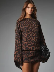 MISSGUIDED Leopard Print Oversized Bell Sleeve Boat Neck Mini Blouse Top With Dramatic Flared Sleeves And Relaxed Shift Silhouette - Multicolor - View 5