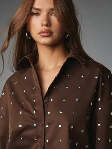 MISSGUIDED Oversized Button-Front Collared Shirt With Allover Silver Mirror Eyelet Embellishment Long Sleeve Festival Party Style - Chocolate Brown - View 5