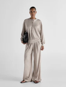 KSTM Wide Leg Pleated Casual Pants With Elastic Waistband Full Length Relaxed Fit Soft Knit Trousers For Spring Summer - Apricot - View 2