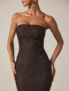 AiiRZ Strapless Floral Lace Mermaid Midi Dress With Trumpet Hem Bodycon Silhouette Formal Evening Gala Wedding Guest - Dark Brown - View 5