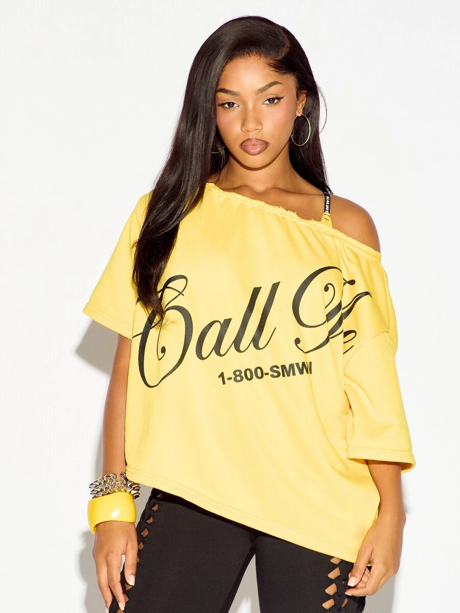 SUMWON WOMEN Oversized Off-Shoulder Graphic Tee With Bold Cursive Slogan Print And Short Sleeves Summer Festival Top - Yellow - View 1