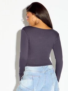 SUMWON WOMEN Atlanta 1990 Varsity Grafik Baskılı Derin Yaka Uzun Kollu Crop Top, Dar Kesim Günlük Giyim, Sonbahar Kış Sokak Stili - Mavi - Görünüm 2