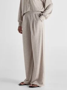 KSTM Wide Leg Pleated Casual Pants With Elastic Waistband Full Length Relaxed Fit Soft Knit Trousers For Spring Summer - Apricot - View 3