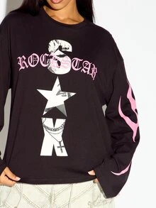 SUMWON WOMEN Boxy Fit Rockstar Graphic Long Sleeve Oversized Crew Neck T-Shirt With Flame Sleeve Print And Star Motif Punk Rock Edgy Spring Festival Style - Black - View 5