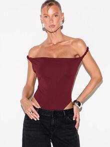 KIZN Off Shoulder Backless Bodysuit With Twisted Rope Strap Detail Deep V Back Cut Out Fitted Body Con Top - Burgundy - View 2