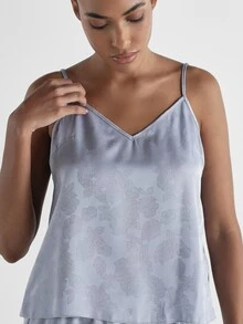 KSTM Satin Jacquard Floral Cami And Wide Leg Trouser Co-Ord Set V-Neck Sleeveless Top Pajama Lounge Two-Piece Set - Blue - View 5