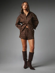 MISSGUIDED Oversized Button-Front Collared Shirt With Allover Silver Mirror Eyelet Embellishment Long Sleeve Festival Party Style - Chocolate Brown - View 3