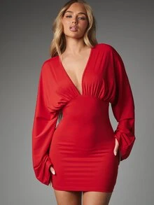 MISSGUIDED Plunge Neck Mini Bodycon Dress With Bell Sleeves And Empire Waist Ruching Detail Perfect For Party Nights And Holiday Celebrations - Red - View 5