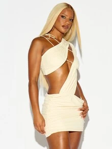 SUMWON WOMEN Halter Neck Cut-Out Ruched Mini Dress With Tie Detail And Asymmetric Draped Bodycon Silhouette For Summer Party - Apricot - View 1