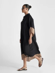 KSTM Oversized Kaftan Dress With Collared V-Neck Batwing Sleeves Color Block Hem Contrast Sheer Border Midi Length Summer Resort Wear - Black - View 6