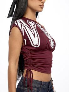 SUMWON WOMEN NYC Varsity Graphic Crop Top With One Shoulder Neckline Ruched Drawstring Hem And Mesh Fabric Festival Party Summer Look - Burgundy - View 3