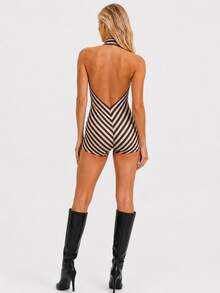 Zerodot Women Brown & Cream Striped Halter Neck Romper With Tie Detail Jumpsuit Casual Daily Fall Pre Fall - Coffee Brown - View 2