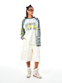 SUMWON WOMEN Oversized Raglan Long Sleeve Top With Camo Sleeves Graphic Print Crew Neck Waffle Texture Colorblock Street Style - Grey - View 6