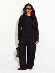 FASHION SZN Plus Size 2 Pieces Ribbed Set Lounge Wear Casual Long Sleeve Two Pieces Set Winter Outfit Winter Co Ord Top And Trousers Soft Rib Weekend Brunch Fall - Black - View 5