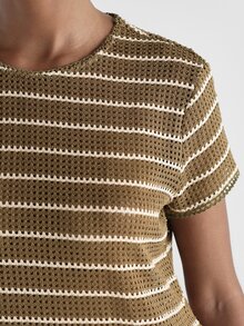 KSTM Striped Crochet Crop Top With Crew Neck And Short Sleeves Perfect For Summer Beach Vacation And Festival Season - Green - View 6