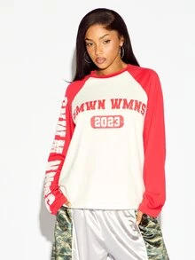 SUMWON WOMEN Oversized Varsity Colorblock Raglan Long Sleeve Crew Neck Top With Distressed Letter Print And Sleeve Graphic For Fall Winter - Red and White - View 1