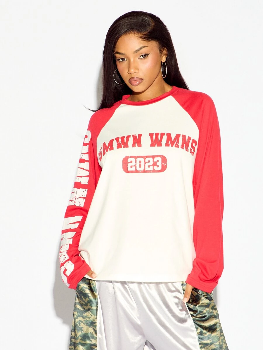SUMWON WOMEN Oversized Varsity Colorblock Raglan Long Sleeve Crew Neck Top With Distressed Letter Print And Sleeve Graphic For Fall Winter - Red and White - View 1