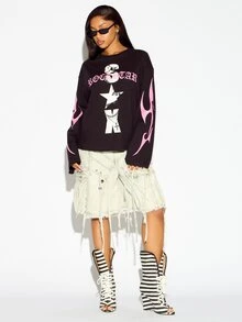 SUMWON WOMEN Boxy Fit Rockstar Graphic Long Sleeve Oversized Crew Neck T-Shirt With Flame Sleeve Print And Star Motif Punk Rock Edgy Spring Festival Style - Black - View 4