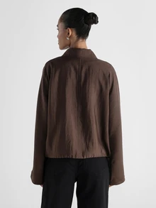 KSTM Oversized Satin Finish Zip-Up Harrington Jacket With Patch Pockets And Stand Collar For Fall Winter Transitional Season - Brown - View 2