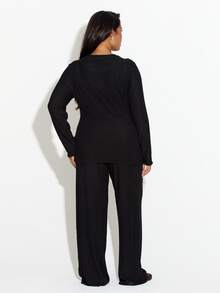 FASHION SZN Plus Size 2 Pieces Ribbed Set Lounge Wear Casual Long Sleeve Two Pieces Set Winter Outfit Winter Co Ord Top And Trousers Soft Rib Weekend Brunch Fall - Black - View 2